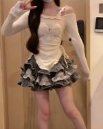 Y2k Lolita Set: Off-the-shoulder top with a layered, ruffled skirt. Vintage aesthetic clothing.