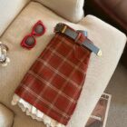 Red plaid mini skirt with lace trim, a preppy aesthetic skirt.