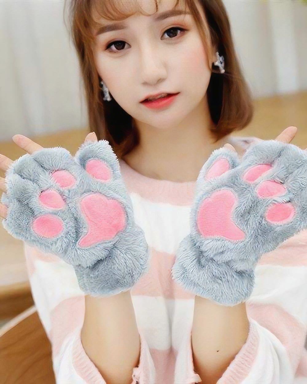 Neko Paw Gloves - Winter Collection, blue paw-print mittens shown on hands.