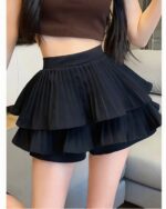 Black coquette aesthetic skirt with multiple pleats and ruffles. Korean style pleated mini skirt.