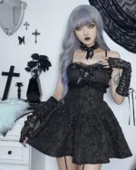 Dark Rose Lace Sling Dress - Gothic Aesthetic, a black lace dress with long gloves and choker, showcasing a gothic aesthetic.