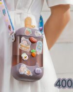 Kawaii ice cream water bottle featuring ice cream and dessert illustrations, with a handle and purple color.