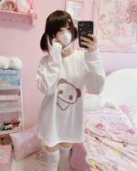 White panda print t-shirt with long sleeves, cutecore style.