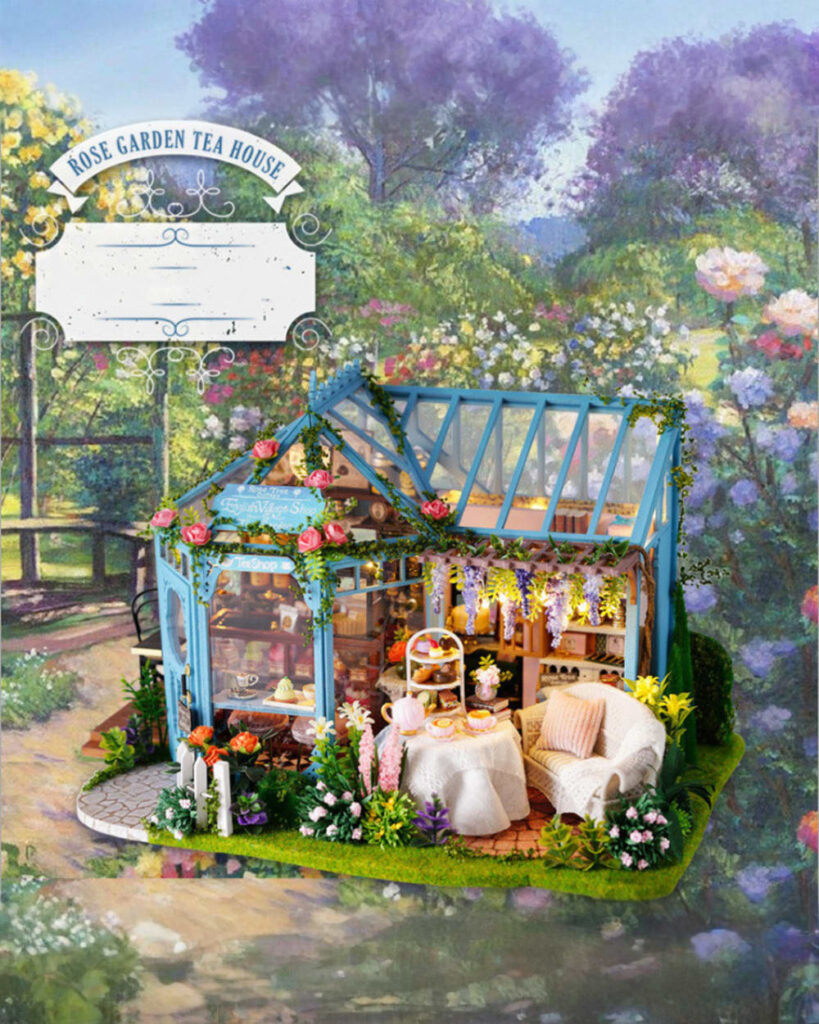 Cute miniature tea house kit with outdoor seating, flowers, and a garden setting.
