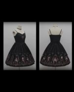 Black gothic lolita dress with coffin and skull pattern. Suspender straps and a full skirt.