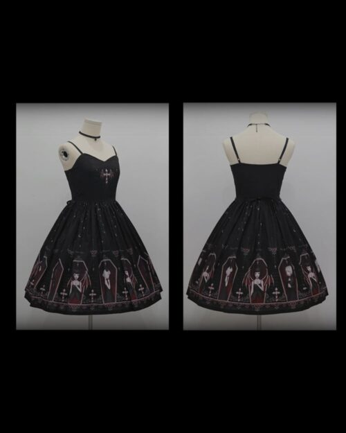 Black gothic lolita dress with coffin and skull pattern. Suspender straps and a full skirt.