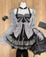 Gray striped kawaii bowed outfits set with lace trim and black bow details.