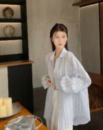 Long-sleeved striped casual shirt in Korean aesthetic style, light blue and white.