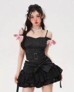 Black french style bow skirt with ruffles and a high waist, Y2K aesthetic.