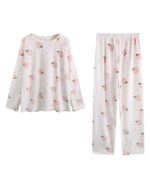 Two-piece coral colored korean aesthetic pajamas featuring a bear print design.