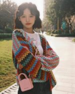 Colorful retro knitted cardigan featuring a vintage aesthetic and patchwork design.