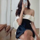 Single Bow Dress - French Aesthetic, a black satin mini dress with shoulder details.