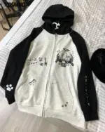 Black and White Cardigan Hoodie - Animecore Aesthetic, featuring a gray zip-up with character prints.