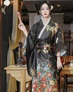 Satin-Fabric Light Kimono - Japanese Floral Design, featuring intricate floral embroidery and a traditional style.