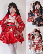 Three models wearing a kawaii short yukata with floral and red patterns, perfect for summer festivals.