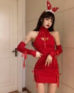 Red hollow-out mini dress with lace detailing and long sleeves.