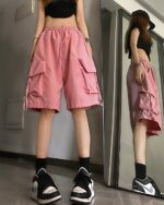 Pink Loose Casual Shorts - Korean Aesthetic cargo shorts with multiple pockets, elastic waistband.