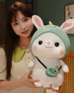 Kawaii bunny plushie, Cotton the Adventurous Rabbit, soft plush toy with hat and accessories.