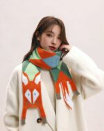 Cute fox scarf with colorful geometric patterns, cottage aesthetic wool scarf.