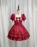 Burgundy red maid dress with ruffles and bow, kawaii style clothing.