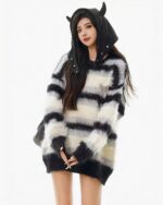 Striped Fluffy Sweater - Korean Aesthetic, featuring a black and white striped design with a hooded, fluffy texture.