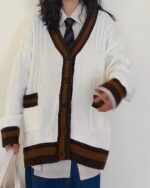 White Knitwear Loose Coat - Preppy aesthetic cardigan, featuring cable knit and brown stripes.