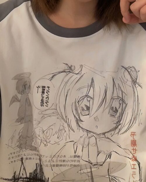 Animecore aesthetic shirt featuring a sketched manga illustration with Japanese text.