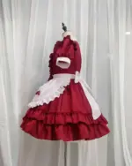 Red Unisex Japanese Maid Dress with white trim and frills, kawaii aesthetic.