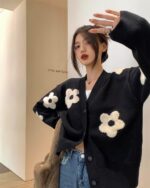 Black floral detail korean cardigan, featuring a cozy knit design.