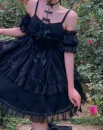 Black gothic lolita dress set with layered ruffles and lace details, featuring off-the-shoulder sleeves and a sweetheart neckline.
