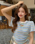 Striped korean aesthetic top featuring a butterfly design and tie-front detail.