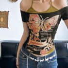 Butterfly Print Off-shoulder T-shirt - Y2K Aesthetic word2
