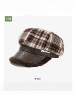 Brown Retro Plaid Beret, French Aesthetic Beret showcasing a checkered wool design and leather band.