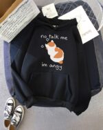 Black "no talk me im angy" hoodie featuring a cartoon angry dog face.