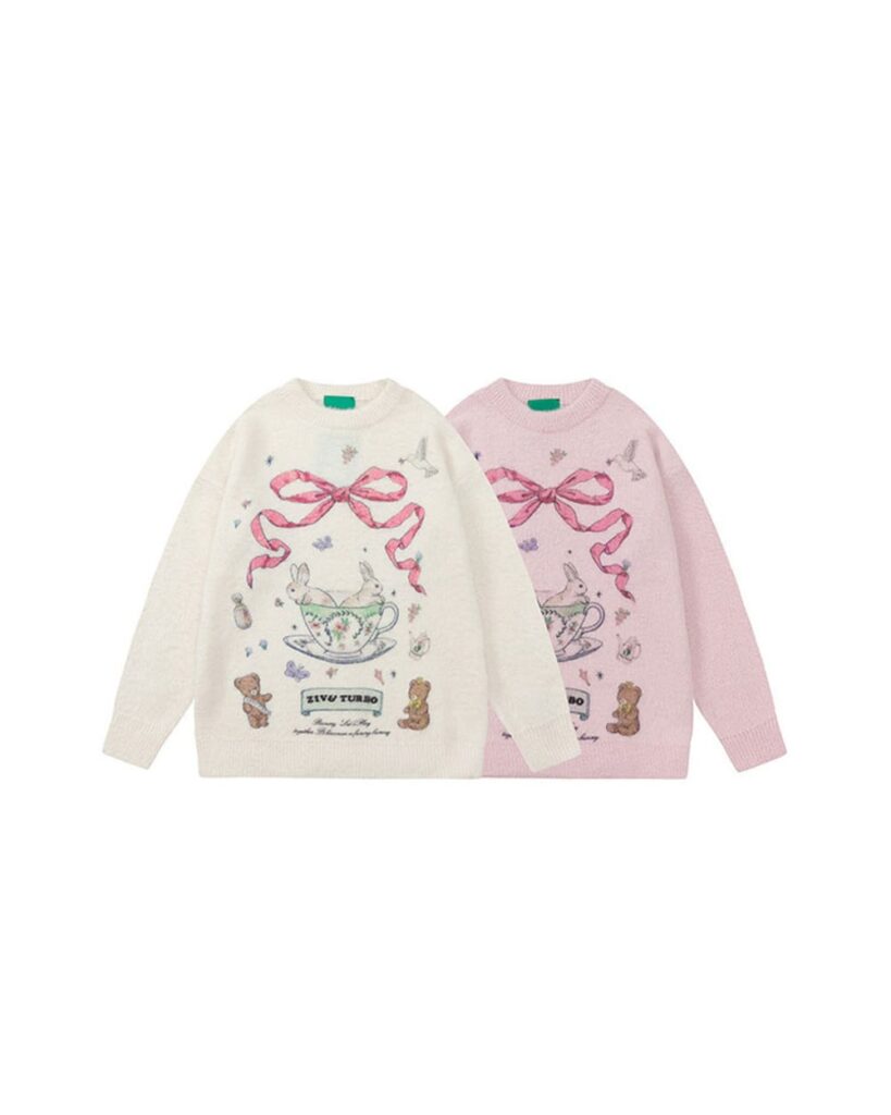 Set of kawaii rabbit sweater designs featuring vintage illustrations, including bunnies, teacups, and bows.