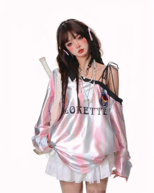 Off shoulder sport sweatshirt featuring a coquette aesthetic design with pink and white stripes.