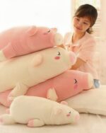 Two kawaii piggy plushies in pink and cream, soft plush toys displayed with a person.