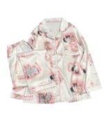 Kitty silky pajamas set with kawaii cat print, featuring a shirt and shorts.