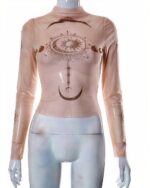 Mesh Pattern Long Sleeve Top - Witchcore featuring celestial print and long sleeves.