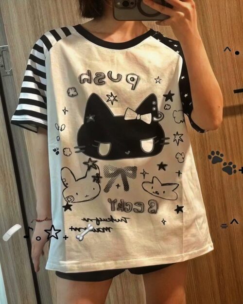 Cute Black & White Tee featuring a goth punk aesthetic with a black cat design and stars.