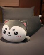 Kawaii sleeping pillow featuring a gray and white plush animal design, long and soft.