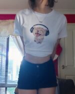 White jam cat t-shirt featuring a graphic of a cat wearing headphones.