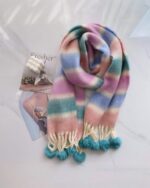 Fluffy rainbow scarf with pom-poms, kawaii winter clothes.