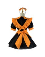 Cute Halloween dress featuring black and orange accents, with a bow and ruffled details. Kawaii aesthetic fashion.