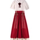 Retro Style Dress - Cottagecore aesthetic dress, featuring a cream top with puff sleeves and a red skirt with lace trim.