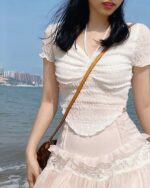 High Waist Ruffled Chiffon Skirt - Coquette Aesthetic, light pink, layered with lace trim.