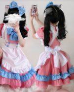 Kawaii maid dress in pink and blue, featuring a Lolita aesthetic with cat ears and ruffles.