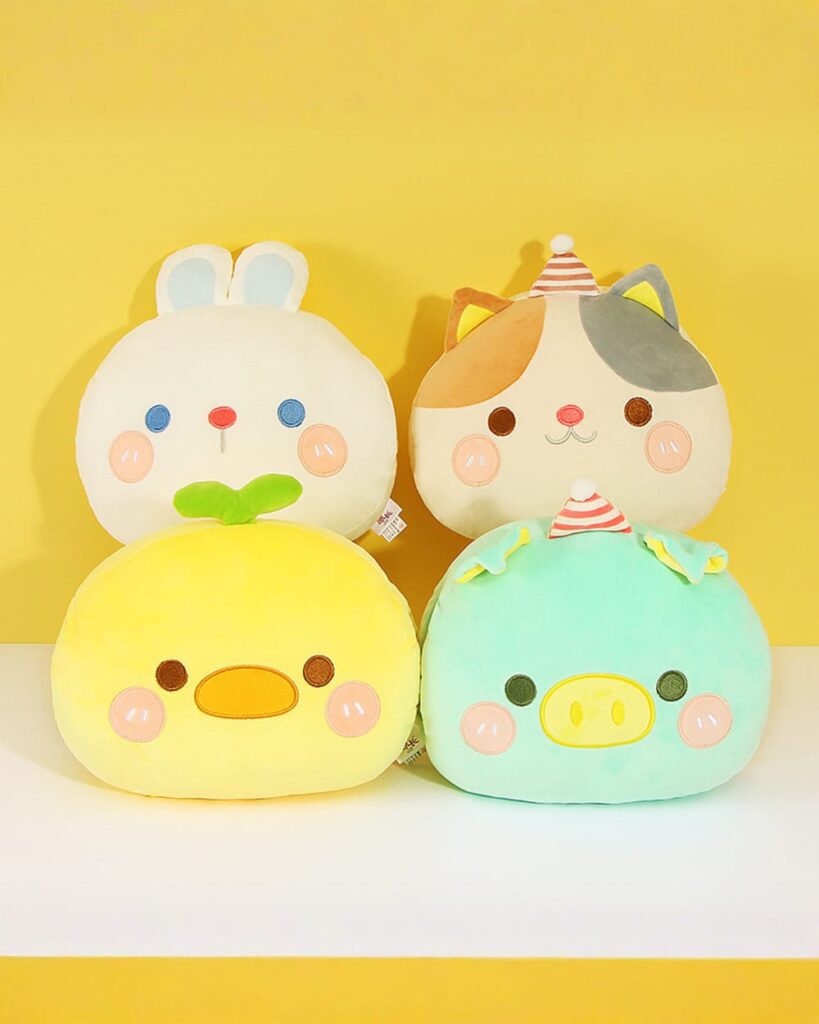 Kawaii plushie handwarmers featuring cute animal designs like bunny, cat, and pig.