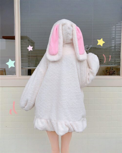 Fluffy bunny ears coat featuring a white hooded sweatshirt with oversized bunny ears.