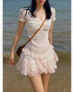 High Waist Ruffled Chiffon Skirt - Coquette Aesthetic, light pink, layered ruffles.